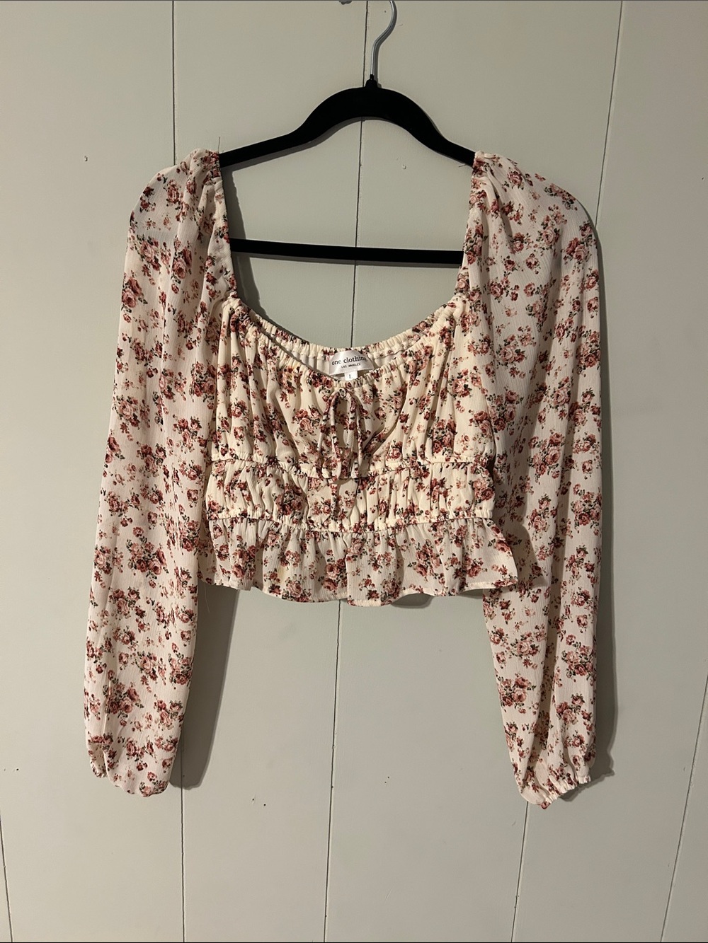 one clothing Cream Floral Smocked Long-Sleeve Crop Top